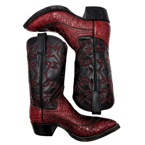 Vintage Preban Exotic Womens 5.5A Dark Cherry Red Black Cowboy Western Boots - Picture 5 of 16